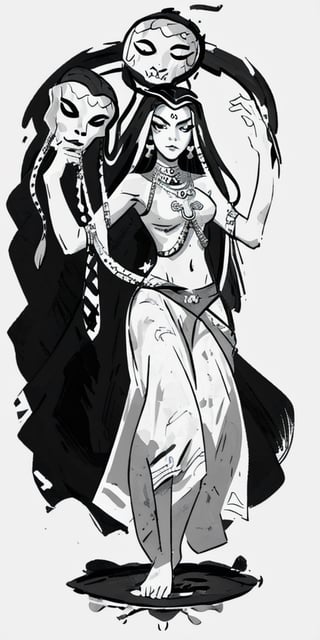 cultist, tunic, mask, full-body_portrait, female,wearing, b&w, dagger,inksketch, action pose, exotic dance, medusa, gorgon