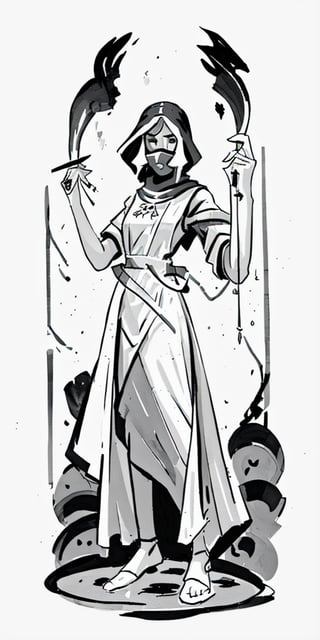 cultist, tunic, mask, full-body_portrait, female,wearing wrenchpjbss,Science Fiction, b&w, dagger,inksketch