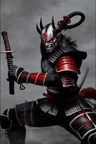 oni demon, male, ultra detailed, evil, japanese version, samurai version, japanese village background, traditional japanese weapon, light gray skin, fighting stance, samurai armour