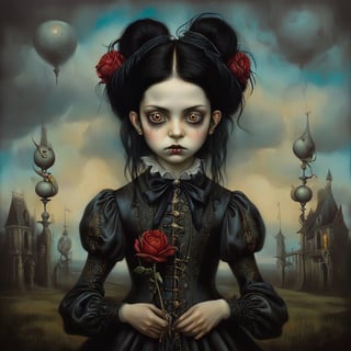 teenager, in the style of esao andrews, baroque, black_hair, gothic