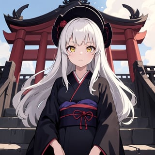 masterpiece, best quality, 1girl, yellow eyes, long hair, white hair, stairs, standing, kimono, sky, temple, looking at viewer, upper body, from below, lady_raven, black, gothic_lolita