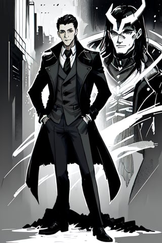 man with a trenchcoat, hands in his pocket, sketchlines, thin silouette, full figure, highly detailed, b&w, loki
