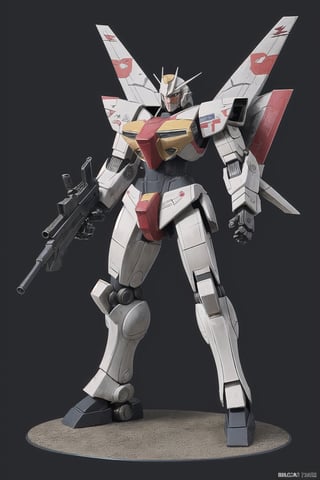 macross_mecha, full figure, F14_tomcat, super_robot, flying_pose, humanoid, combat_airplane, grey, camouflage_paint, full_face_mask, beefy, shoulder cannon, standing pose, big rifle
