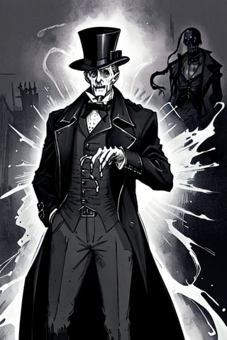 man with a trenchcoat, hands in his pocket, sketchlines, thin silouette, full figure, highly detailed, b&w, victorian, spectral, undead
