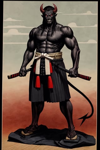 oni demon, male, full figure, standing pose, ultra detailed, evil, japanese version, samurai version, japanese village background, traditional japanese weapon