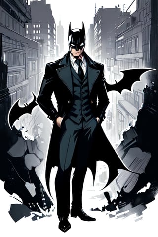 man with a trenchcoat, hands in his pocket, sketchlines, thin silouette, full figure, highly detailed, b&w, the batman
