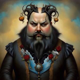 noble fat man, in the style of esao andrews, baroque, black_hair, gothic