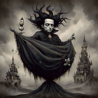 sandman_king_of_dreams, in the style of esao andrews, baroque, black_hair, b&w