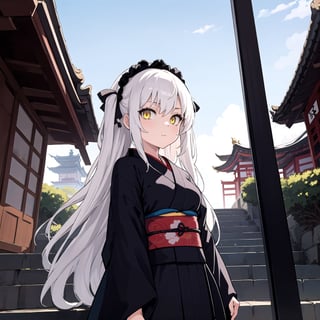 masterpiece, best quality, 1girl, yellow eyes, long hair, white hair, stairs, standing, kimono, sky, temple, looking at viewer, upper body, from below, lady_raven, black, gothic_lolita