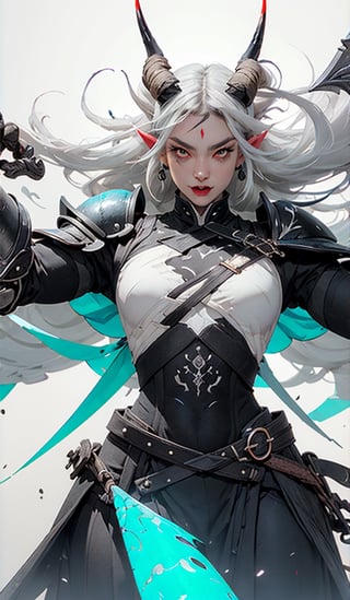 masterpiece, well illustrated, hd, charcoal particles, (((woman, long white hair (black, short horns), red left eye, light blue right eye, long eyelashes, round eyes, fangs, large body, heavy armor ))). (a scythe weapon in one hand), full body, purple light particles floating in the background, light, darkness, bags under the eyes, eyeliner ((watermark, Echo by Yawata)).,fantasy,Circle,weapon