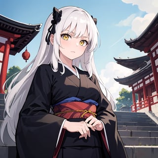 masterpiece, best quality, 1girl, yellow eyes, long hair, white hair, stairs, standing, kimono, sky, temple, looking at viewer, upper body, from below, lady_raven, black, gothic_lolita