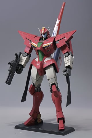 macross_mecha, full figure, F14_tomcat, super_robot, flying_pose, humanoid, combat_airplane, red, camouflage_paint, full_face_mask, beefy, shoulder cannon, standing pose, big rifle, larger_legs
