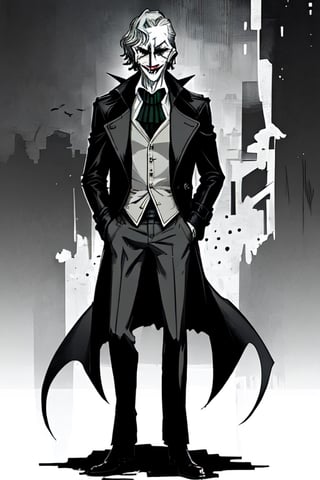 man with a trenchcoat, hands in his pocket, sketchlines, thin silouette, full figure, highly detailed, b&w, the joker
