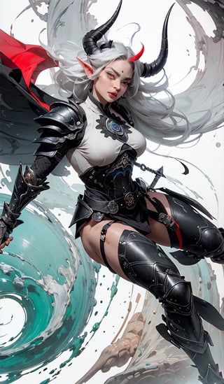 masterpiece, well illustrated, hd, charcoal particles, (((woman, long white hair (black, short horns), red left eye, light blue right eye, long eyelashes, round eyes, fangs, large body, heavy armor ))). (a scythe weapon in one hand), full body, purple light particles floating in the background, light, darkness, bags under the eyes, eyeliner ((watermark, Echo by Yawata)).,fantasy,Circle,weapon