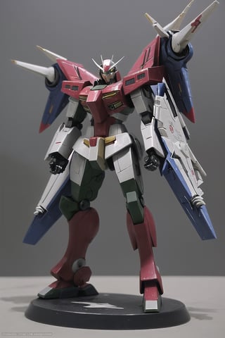 macross_mecha, full figure, F14_tomcat, super_robot, flying_pose, humanoid, combat_airplane, red, camouflage_paint, full_face_mask, beefy, shoulder cannon, standing pose, big rifle
