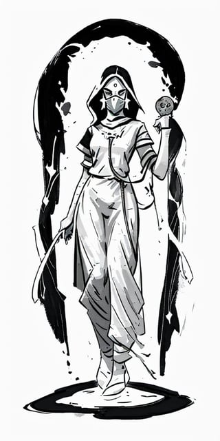 cultist, tunic, mask, full-body_portrait, female,wearing wrenchpjbss,Science Fiction, b&w, dagger,inksketch