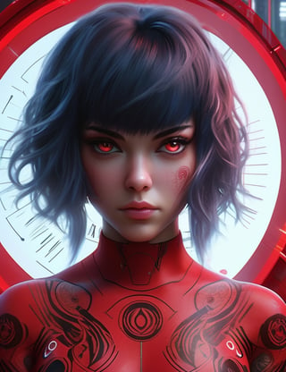 ghost in the Shell with tattoos, full body, full of sin, perfect body, red, perfect face, bare skin, intricately detailed beautiful face, supermodel, fantasy, photorealistic, photorealism, trending on artstation, cute big circular reflective eyes