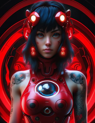 ghost in the Shell with tattoos, full body, full of sin, perfect body, red, perfect face, bare skin, intricately detailed beautiful face, supermodel, fantasy, photorealistic, photorealism, trending on artstation, cute big circular reflective eyes