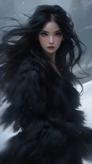 Black rabbit in the snow, Beautiful young woman, perfect body, perfect face, digital painting, highly detailed, Big red eyes, Night, Voluminous, long black hair, Artistic dark painting.
