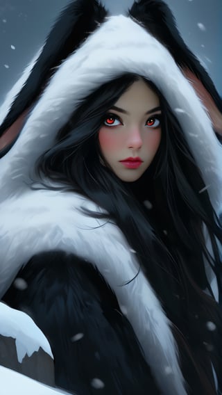 Black rabbit in the snow, Beautiful young woman, perfect body, perfect face, digital painting, highly detailed, Big red eyes, Night, Voluminous, long black hair, Artistic dark painting.