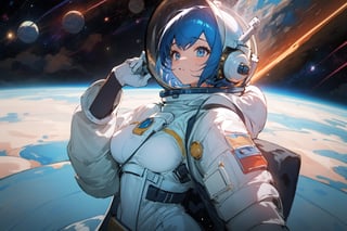 1girl, solo, breasts, ((outer space)), masterpiece, spacesuit, space helmet, stars