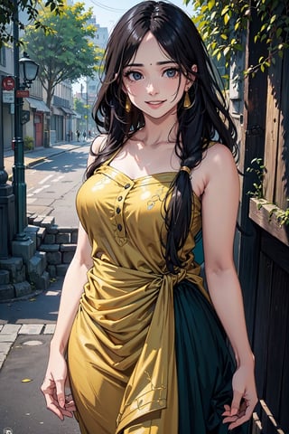 ((High resolution)),((high detailed)), (Portrait of a young woman:1.3), (sunlit road:1.2), (joyful laughter:1.2), (flowing black hair:1.2), (Indian Salwar suit:1.3), (curvy figure:1.3), (vibrant street:1.2), (small shops:1.2), (lush trees:1.2), (highly detailed:1.3), (cinematic lighting:1.2), (photorealistic painting:1.3), (ethereal atmosphere), (captivating smile), (emotive expression), (golden hour lighting), (impeccable fashion), (trending on Instagram), (artistically composed), (impressive use of colors).