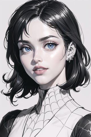 1girl, masterpiece, top quality, 8K, detailed skin texture, detailed cloth texture, beautiful detailed face, intricate details, ultra Details, Audrey Hepburn smile, Spiderman uniform, sorrel fluffy hair, (half body: 1.2), （smile face）, warm lighting,monochrome,DRAWING