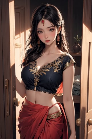 (extremely detailed 8k wallpaper:1.3), full-body shot of a very beautiful girl wearing a complete Indian saree, traditional wear, (big waist), (big chest), shy expression, looking at the viewer, (masterpiece:1.2), (cinematic lighting), opening the door of a room, intricate saree details, (flowing fabric:1.1), photorealistic, (vivid colors), (elaborate background), (sharp focus), trending on ArtStation, trending on CGSociety, breathtakingly beautiful,open door,Saree,doorway