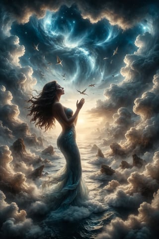 genera una hermosa escena de fantacia, dentro del espacio del cielo, rodeado de nubes etereas, Una sirena que emerge de las nubes como olas en el cielo, cantando melodías que guían a los navegantes perdidos hacia casa.