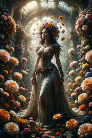 epic queen of flowers  full body of flowers located in an immense flower garden with giant barsepicand mistic composition