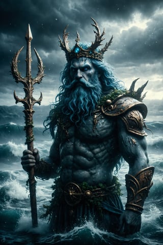 King of neptune poseidon full body, is a god of the sea, with a blue beard and a trident. His aquatic appearance and intense eyes symbolize Neptune's powerful winds and storms. He has a trident that controls the waves and the oceans. His hair and beard are the color of deep water, and he wears a crown of shells and seaweed. His gaze is serene but powerful, like the lord of the seas.
