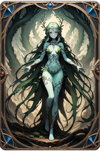 (masterpiece:1.4), ((best quality, 8k, ultra-detailed)), dryad lady, monster illustration, beautiful, full body, in TCG Card frame
