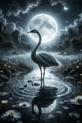 genera una hermosa escena de fantasia, Un cisne blanco que nada en el reflejo plateado de la luna en un lago celestial, su gracia y elegancia son sobrenaturales.
