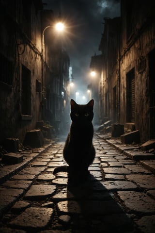 mitica y misteriosa escena gotica de Un callejón estrecho y oscuro donde los ojos brillantes de gatos negros observan desde las sombras.