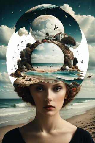 Generate an aesthetically fascinating collage artwork, complex double exposure art by Alex Stoddard, Natalia Drepina and Brooke Shaden, a surreal postcard. Double exposure of a woman with a summer beach composition in her head, as a form of thoughts. long_exposure, long_exposure