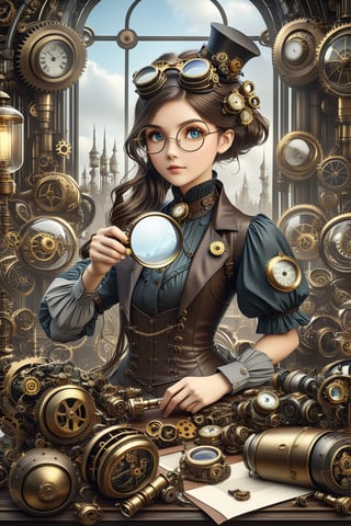 create a beautiful magical steampunk fantasy scene where you can evidence, A pair of ornate goggles with magnifying lenses and mechanical adjusters..,Mechanical,DonMSt34mPXL
