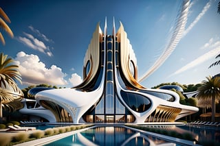 High-definition photorealistic render of an exterior vertical sculptural casttle in parametric architecture, with pointed, dragon-wing-like symmetrical curves inspired by the constructions of Zaha Hadid. A luxurious design featuring marble, glass, and golden metal, with black and white details. The design is inspired by the main stage of Tomorrowland 2022, with ultra-realistic Art Deco details and a high level of intricacy in the image.