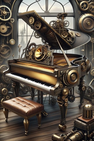 create a beautiful magical steampunk fantasy scene where you can evidence a piano.,.Mechanical,DonMSt34mPXL