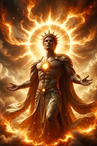King of sun Helios full body, Radiant and glorious, Helios has a crown of golden flames emanating from his head. His skin shines like gold and his gaze is as bright as the light of the Sun. He wears a resplendent robe that seems to be woven with rays of light.
