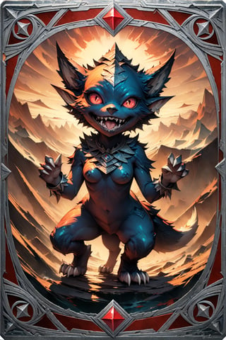 (masterpiece:1.4), ((best quality, 8k, ultra-detailed)), imp, FENRIR  illustration, beautiful, full body, in TCG Card frame