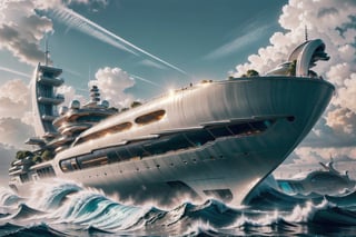 High definition photorealistic render of a luxury super yacht on a private beach, very sculptural and with fluid and organic shapes, with symmetrical curves in the shape of dragon wings inspired by the style of Zaha Hadid, gold, with black and white details. The design is inspired by the Tomorrowland 2022 main stage, with ultra-realistic Art Deco details and a high level of image complexity.