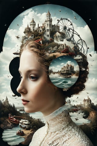 Generate an aesthetically fascinating collage artwork, complex double exposure art by Alex Stoddard, Natalia Drepina and Brooke Shaden, a surreal postcard. Double exposure of a woman with a roller coasters composition in her head, as a form of thoughts. long_exposure, long_exposure
