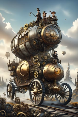 create a beautiful magical steampunk fantasy scene where you can evidence, A carriage adorned with moving gears, carrying passengers through fantastical landscapes.,Mechanical,DonMSt34mPXL