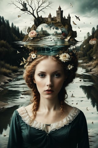 Generate an aesthetically fascinating collage artwork, complex double exposure art by Alex Stoddard, Natalia Drepina and Brooke Shaden, a surreal postcard. Double exposure of a woman with a river in a river composition in her head, as a form of thoughts. long_exposure, long_exposure