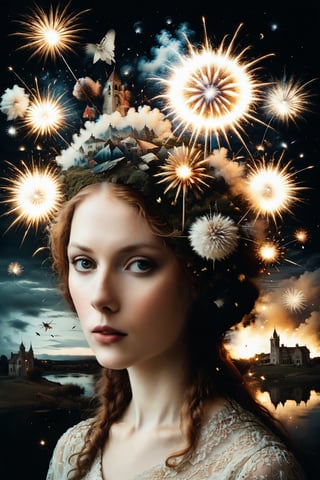 Generate an aesthetically fascinating collage artwork, complex double exposure art by Alex Stoddard, Natalia Drepina and Brooke Shaden, a surreal postcard. Double exposure of a woman with a Fireworks composition in her head, as a form of thoughts. long_exposure, long_exposure