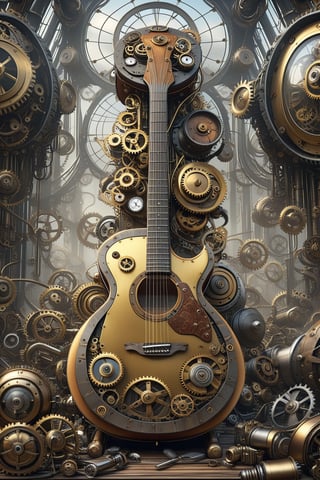create a beautiful magical steampunk fantasy scene where you can evidence a guitar.,.Mechanical,DonMSt34mPXL