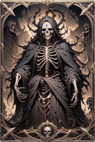 (masterpiece:1.4), ((best quality, 8k, ultra-detailed)), Lich, skeleton in black robe, wicked, monster illustration, beautiful, full body, in TCG Card frame