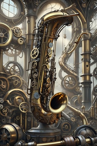 create a beautiful magical steampunk fantasy scene where you can evidence a saxophone.,.Mechanical,DonMSt34mPXL