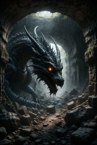 mitica y misteriosa escena gotica de Un dragón de escamas oscuras y ojos resplandecientes, custodiando un tesoro en una cueva llena de estalactitas afiladas.