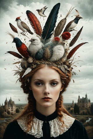 Generate an aesthetically fascinating collage artwork, complex double exposure art by Alex Stoddard, Natalia Drepina and Brooke Shaden, a surreal postcard. Double exposure of a woman with a feathers composition in her head, as a form of thoughts. long_exposure, long_exposure